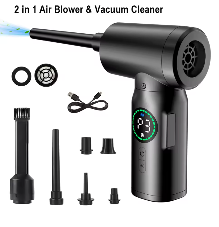 CleanForce™ – Limpiador de Aire Comprimido Inalámbrico 2 en 1 | Soplador + Mini Aspiradora para Teclado, PC y Coche